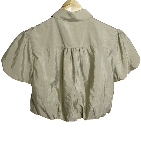 CINQ À SEPT Allinae Crop Button Top XS Beige Puff Sleeve Polished Minimal Blouse - Picture 2 of 7